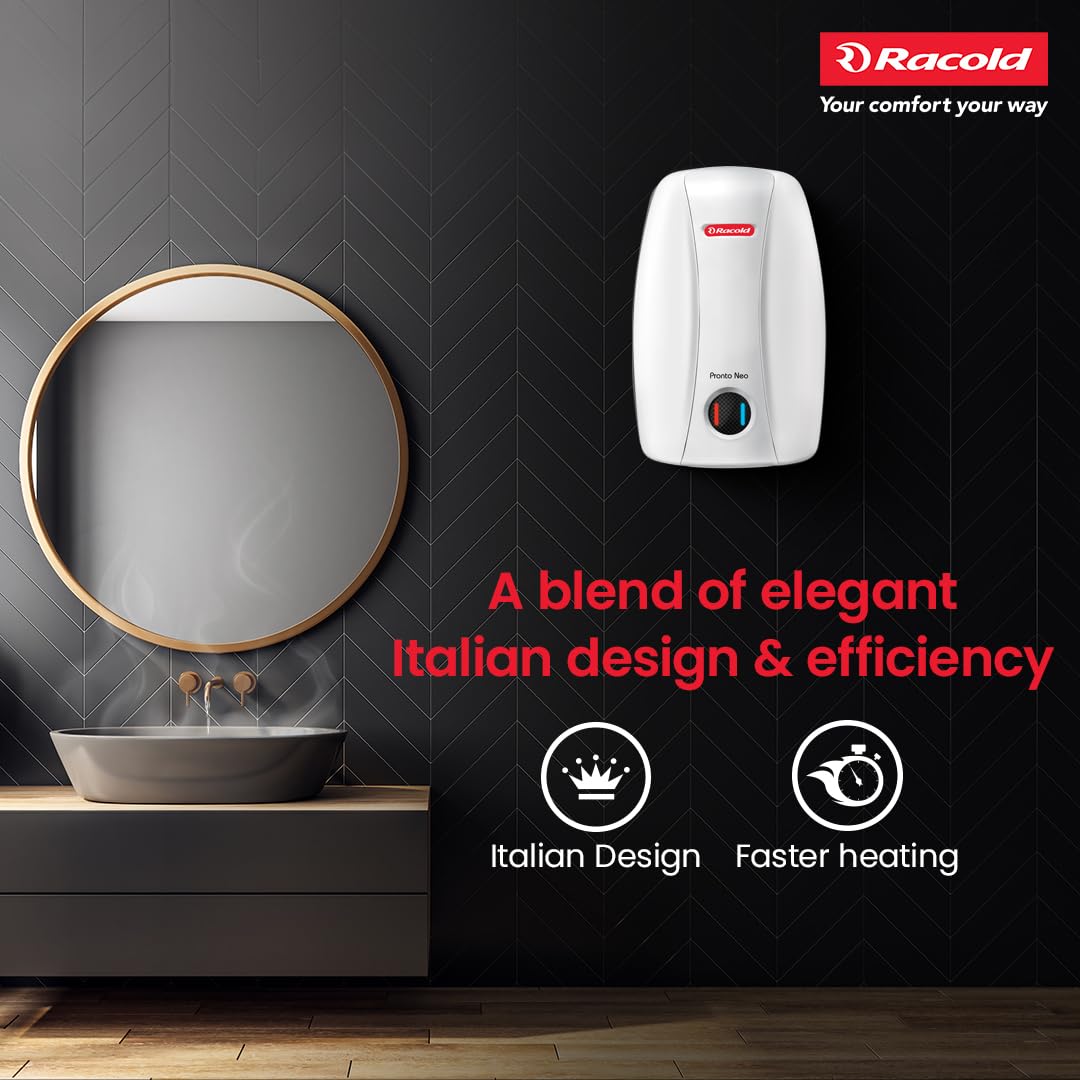 Racold PRONTO NEO Electric Instant Water Heater 5L – Vertical Geyser for Bathrooom, Anti Backflow System, 3 Safety Levels, Rust Proof Body, Faster Heating, with Fire Retardant Cable, White