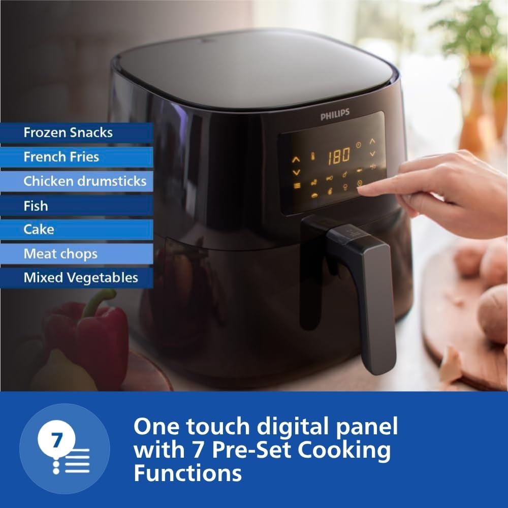 PHILIPS Digital Airfryer with Touch Panel, 4.1L, with RapidAir Technology,with additional 1 Yr Warranty by Philips, 7 Pre-set Menu (HD9252/90)(Black), Large