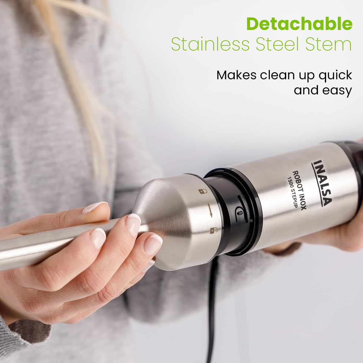 INALSA Hand Blender 1500 W|Silent DC Copper Motor|European Stepless Variable Speed Design| X.Large 1L Chopper|Unique Potato Masher| Detachable| Stainless Steel-Robot INOX 1500 StepUp