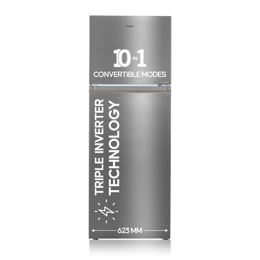 Haier 328 L, 3 Star, Convertible 10-in-1, Triple Inverter & Dual Fan Motor Technology, Frost Free Double Door Refrigerator (HEF-333TS-P, Inox Steel)