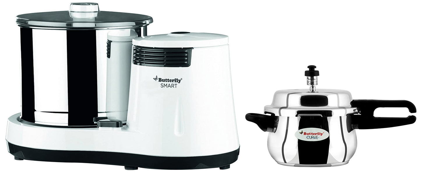 Butterfly Smart 2 Litres Table-Top Wet Grinder|150 Watts|Shockproof ABS Body| Coconut Scrapper Attachment|2 stones with 4-Way Grinding| Stainless Steel Drum | 2 Years Manufacturer's Warranty | White