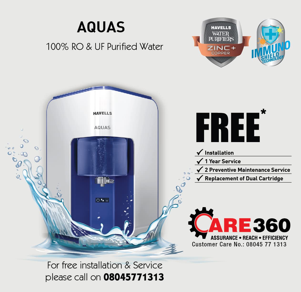 Havells AQUAS Water Purifier (White and Blue), RO+UF, Copper+Zinc+Minerals, 5 stage Purification, 7L Tank, Suitable for Borewell, Tanker & Municipal Water
