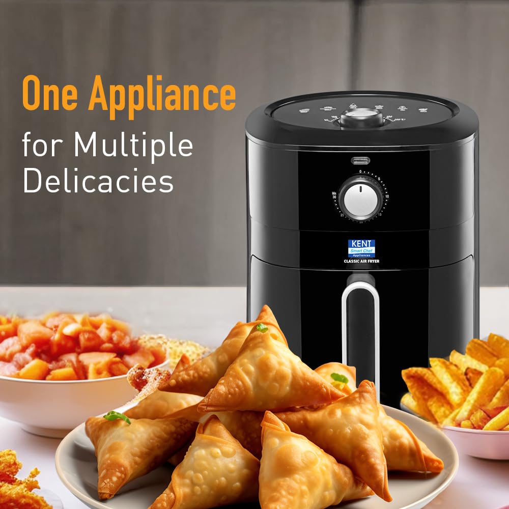 KENT 16096 Classic Hot Air Fryer 4L 1300 W | 80% Less Oil | Instant Electric Air Fryer | Auto Cut Off | Fry, Grill, Roast, Steam, and Bake | 1 Year Warranty | Black