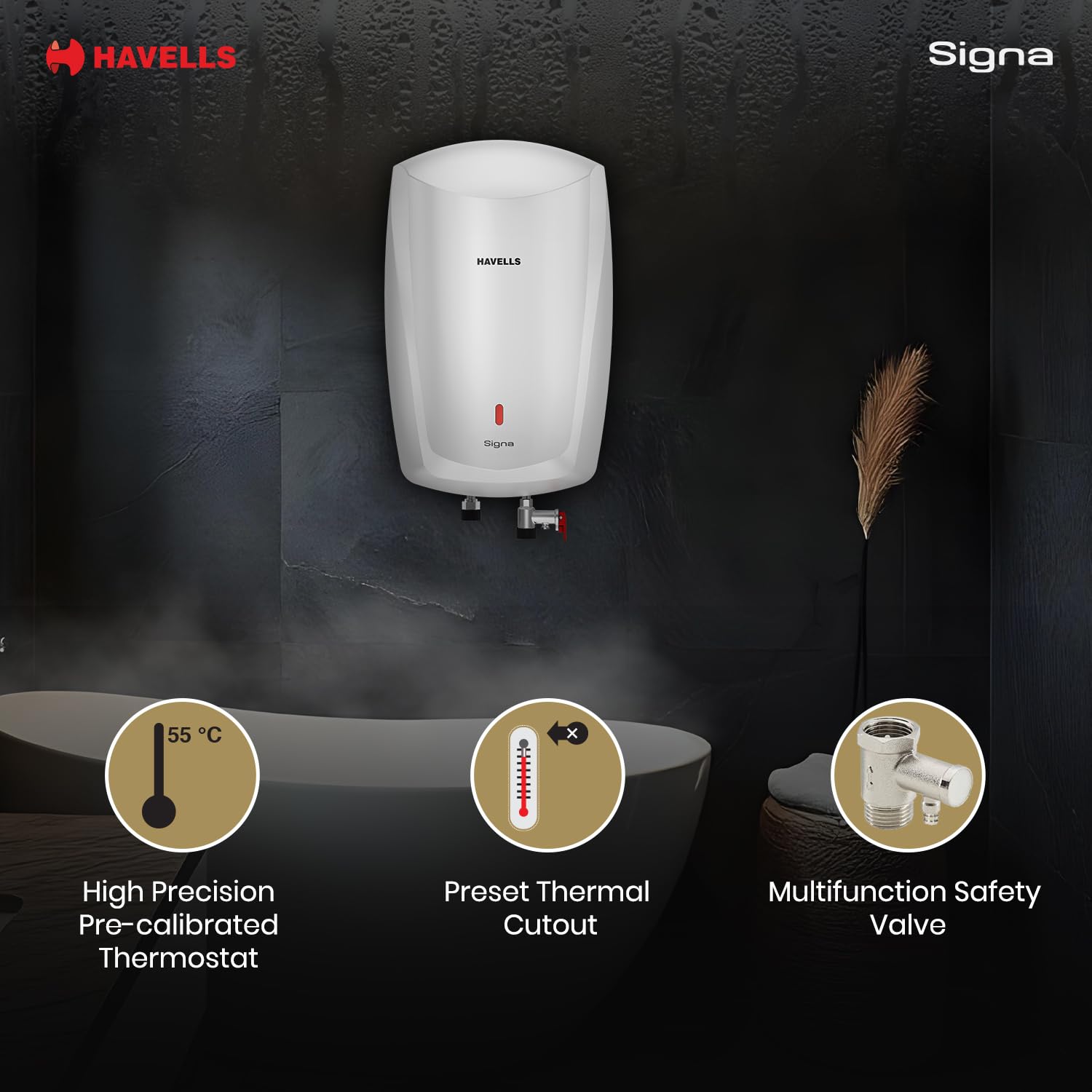 Havells Signa 5 Litre Instant Water Heater(Geyser)| Twin LED Indicator| Rust and Shock Proof Body| ISI Marked| Fire Retardant Power Cord| Warranty: 5 year on inner tank & 2 year comprehensive (White)