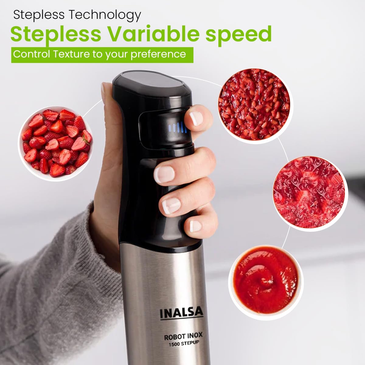 INALSA Hand Blender 1500 W|Silent DC Copper Motor|European Stepless Variable Speed Design| X.Large 1L Chopper|Unique Potato Masher| Detachable| Stainless Steel-Robot INOX 1500 StepUp