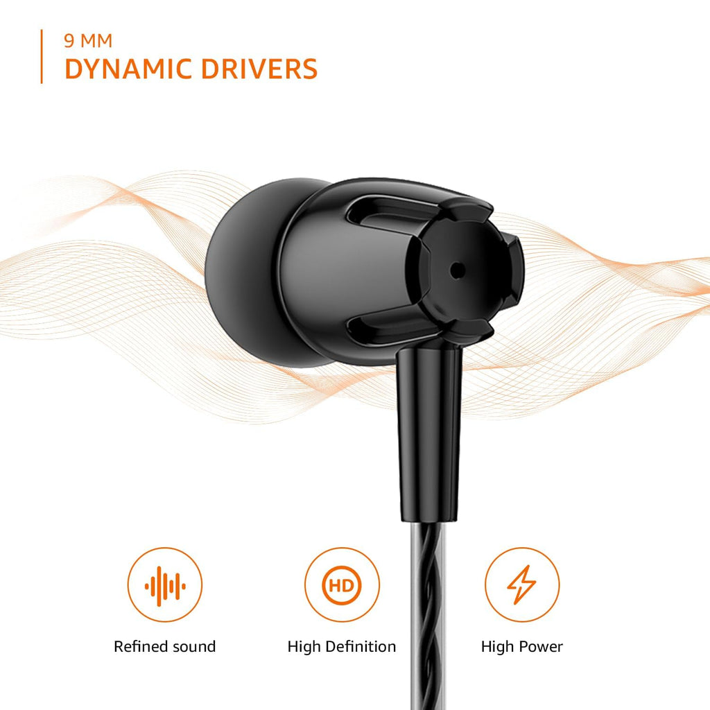 amazon basics in-Ear Wired Earphones with in-Line Mic, 10 mm Dual Drivers, Powerful Bass, Noise Isolation, 3.5 mm Audio Jack (Black, WE03)