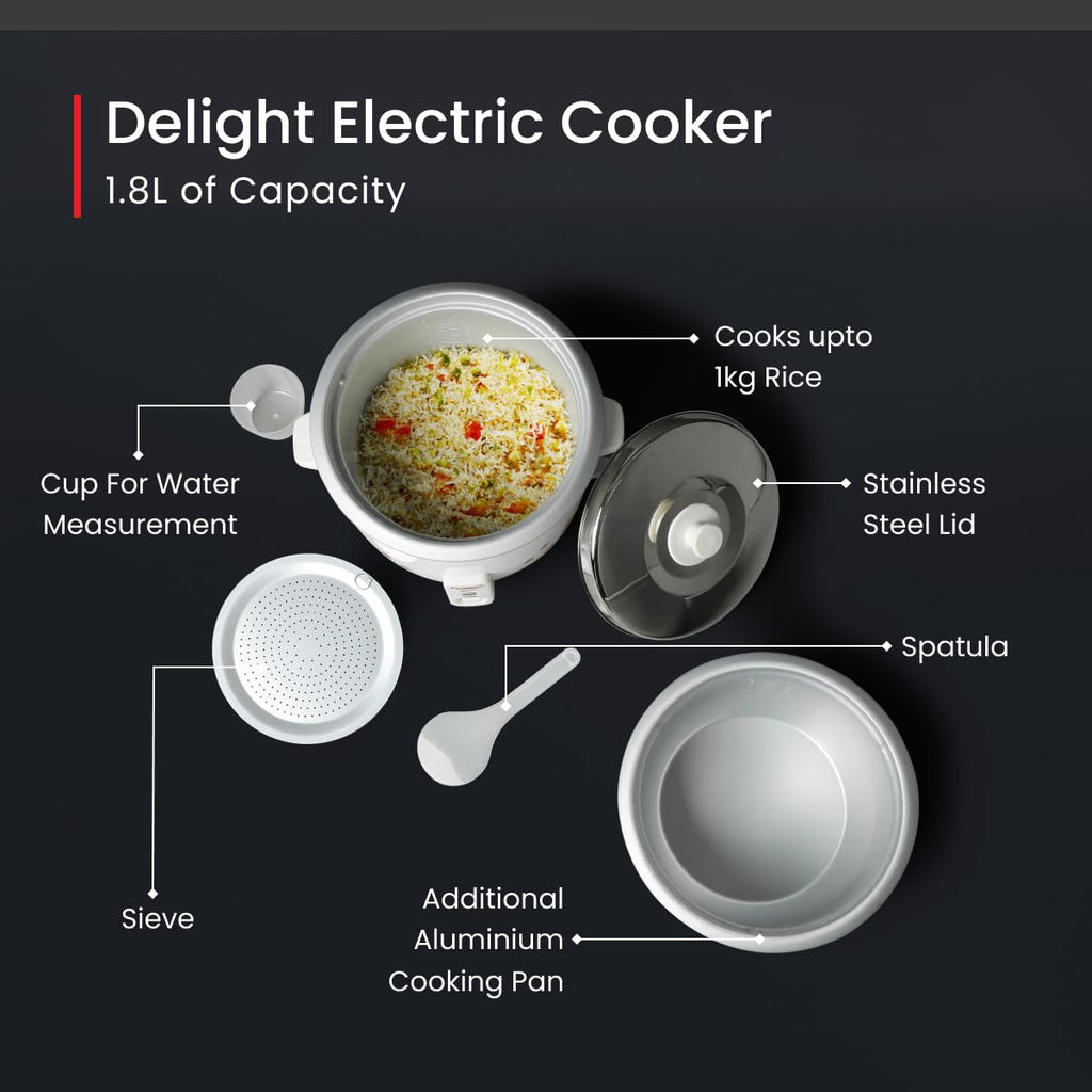 Prestige PRWO 1.8-2 Electric Rice Cooker| 2 Aluminium Cooking Pans | Stainless Steel Lid | Grey/White | Cool Touch Handles | Detachable Power Cord | 700- Watt|1.8 Litres