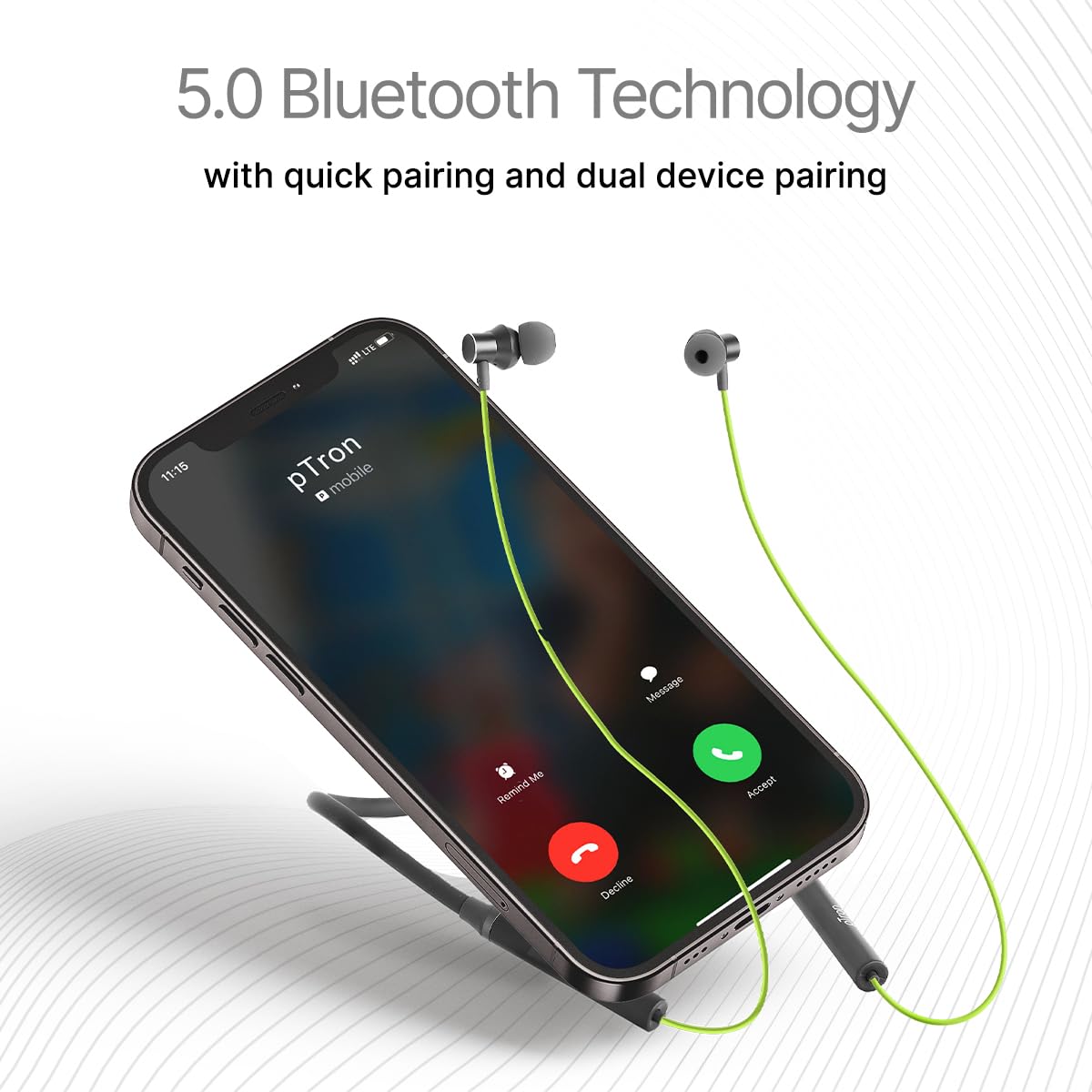 pTron Tangentbeat in Ear Bluetooth 5.0 Wireless Headphones, Deep Bass, 18H Playtime, Clear Calls, Dual Device Pairing Wireless Neckband, Fast Charging, Voice Assistant & IPX4 (Green/Grey)
