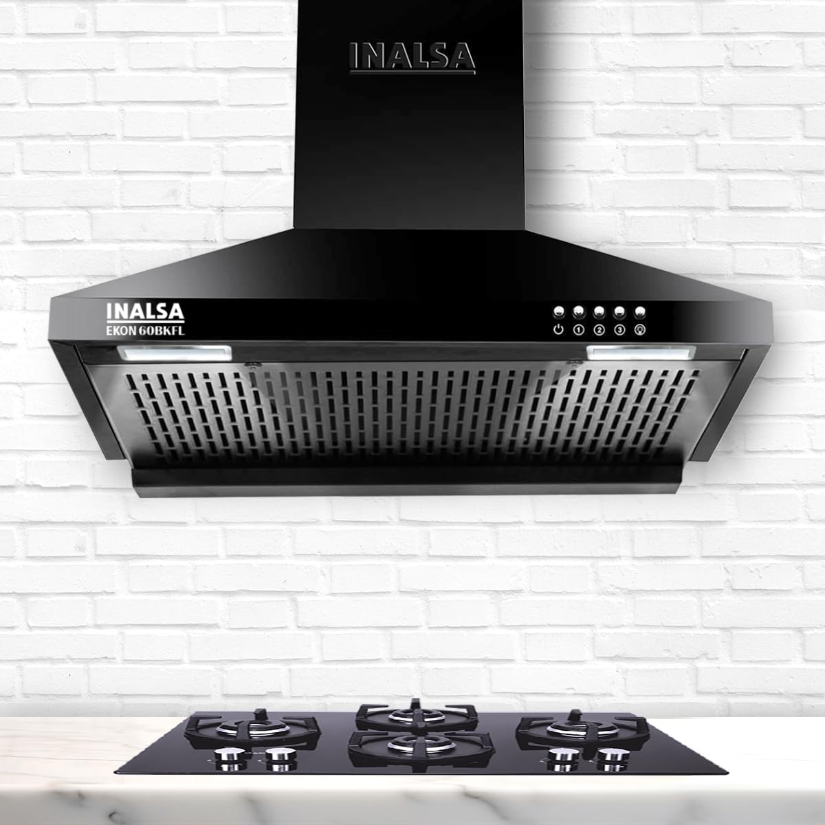 INALSA EKON 60cm 1100 m³/hr Pyramid Kitchen Chimney With Elegant Look|Push Button Control|Efficient Dual LED Lamps & Filterless|5 Year Warranty on Motor ( EKON 60BKFL, Black)