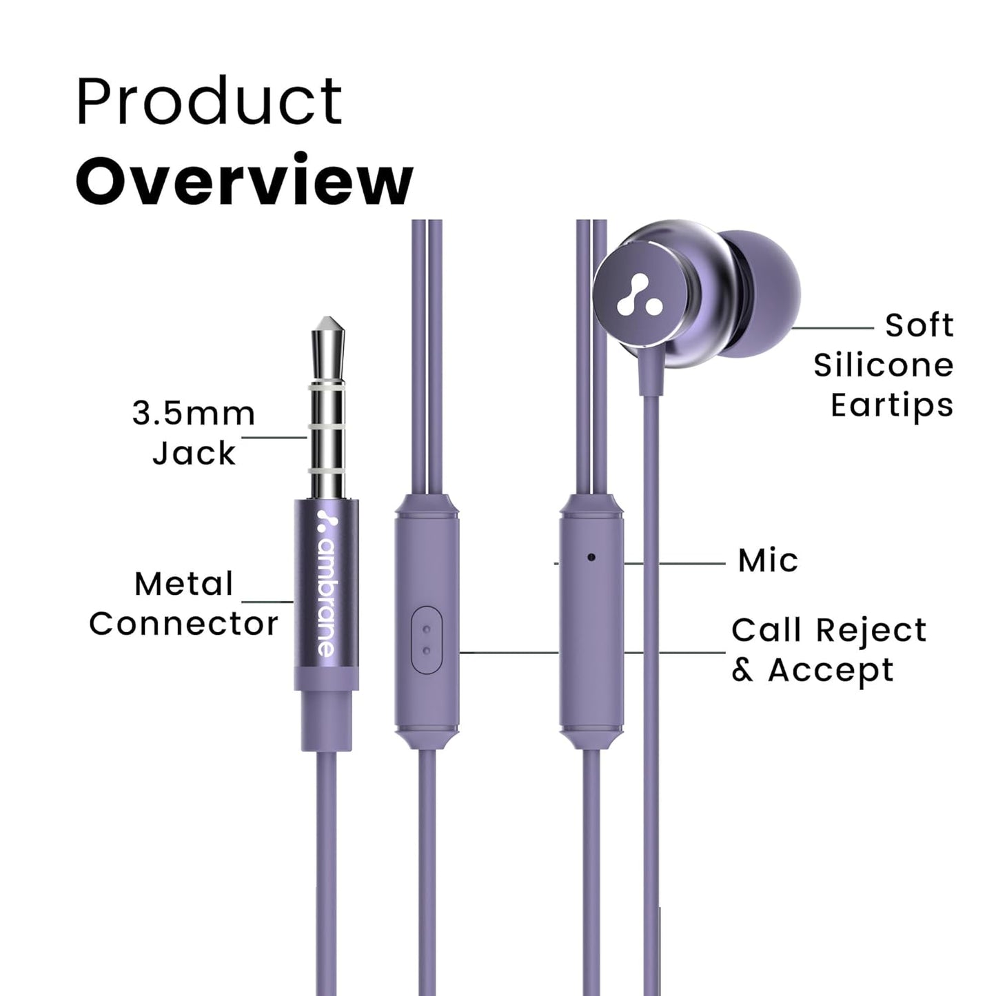 Ambrane Stringz 38 Wired Headphones with Mic, Powerful HD Sound with High Bass, Tangle Free Cable, Comfort in Ear Fit, 3.5mm Jack (Purple)