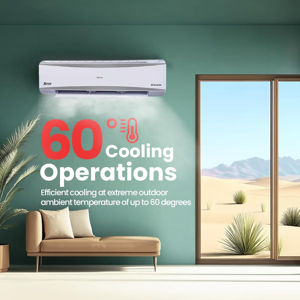 Haier 2.4 Ton 3 Star HEXA Inverter Split AC (7980 Watts, Copper, Super Heavy Duty, 7 in 1 Convertible, HD Filter, Cools at 60°C, 20 Mtrs Air Throw - HSU80SHD-AOW3BN-INV,White)