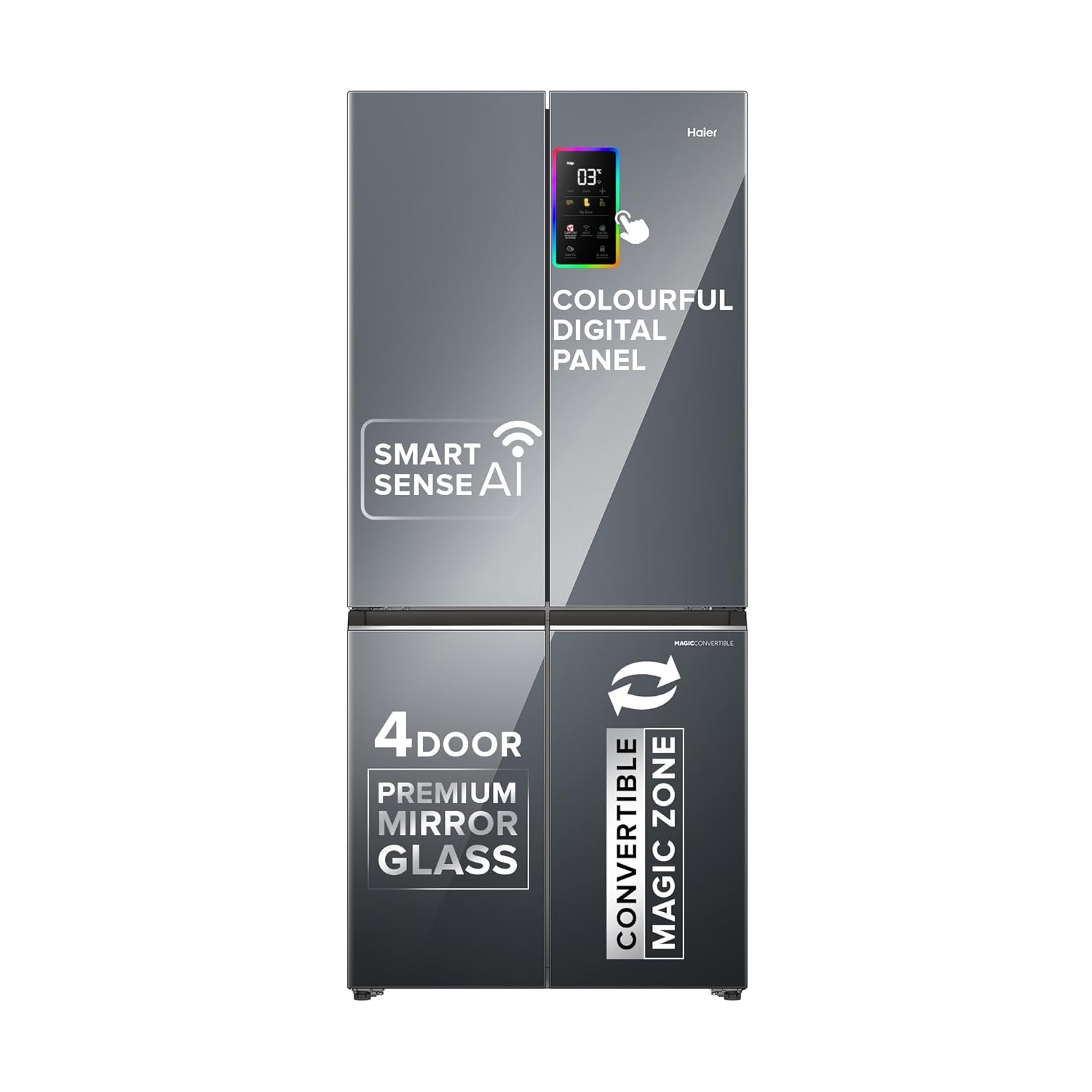 Haier 520L 3Star Lumiere 4-Door Side by Side Frost Free Refrigerator|Convertible|Smart Sense AI|Inverter|Colourful Display Panel|My zone|Sun Lit Interior (2025 Model, HRB-600MGU1, Mirror Glass)