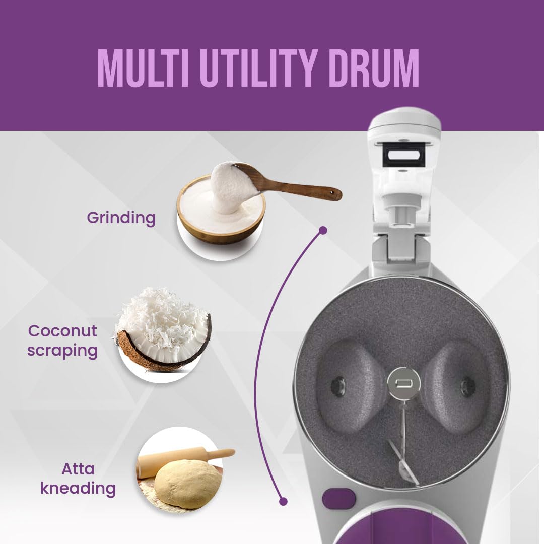 Ultra Grind+ Gold 2 Litre Table Top Wet Grinder - White | Fast Grinding Conical Stones, 150W Motor & 5 Years Warranty | AISI 304 Food-Grade SS Multi Utility Cylindrical Drum, Light Weight
