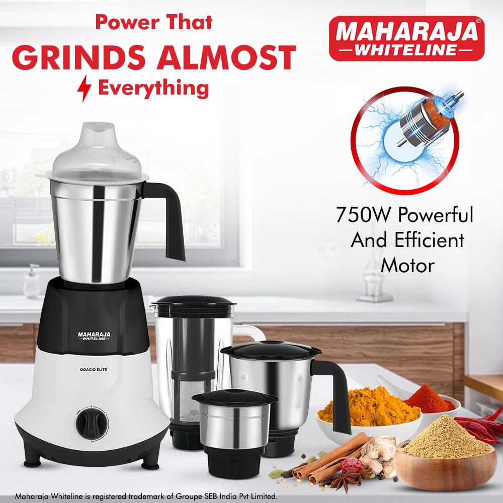 Maharaja Whiteline Odacio Elite Mixer Grinder With 4 Jars | 750 Watt | 20,000 RMP Motor | Stainless Steel Blade | 2 Years Warranty | Black & White