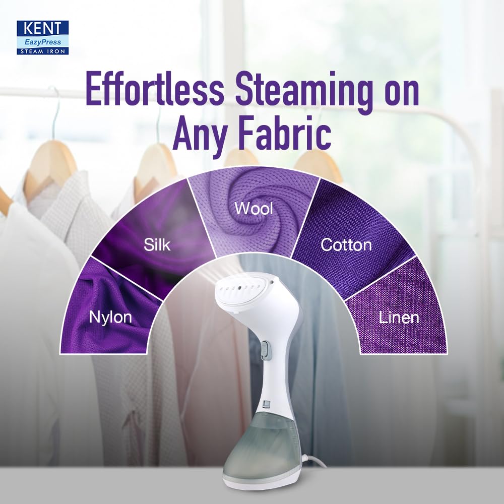 KENT Swift Handheld Garment Steamer 1300 Watts | Ideal for Fabrics like Sarees, Suits, Jackets etc |Ceramic Coated Steam Plate |Continuous Steam Up To 30 Minutes |20 G/Min Steam |260ml Detachable Tank