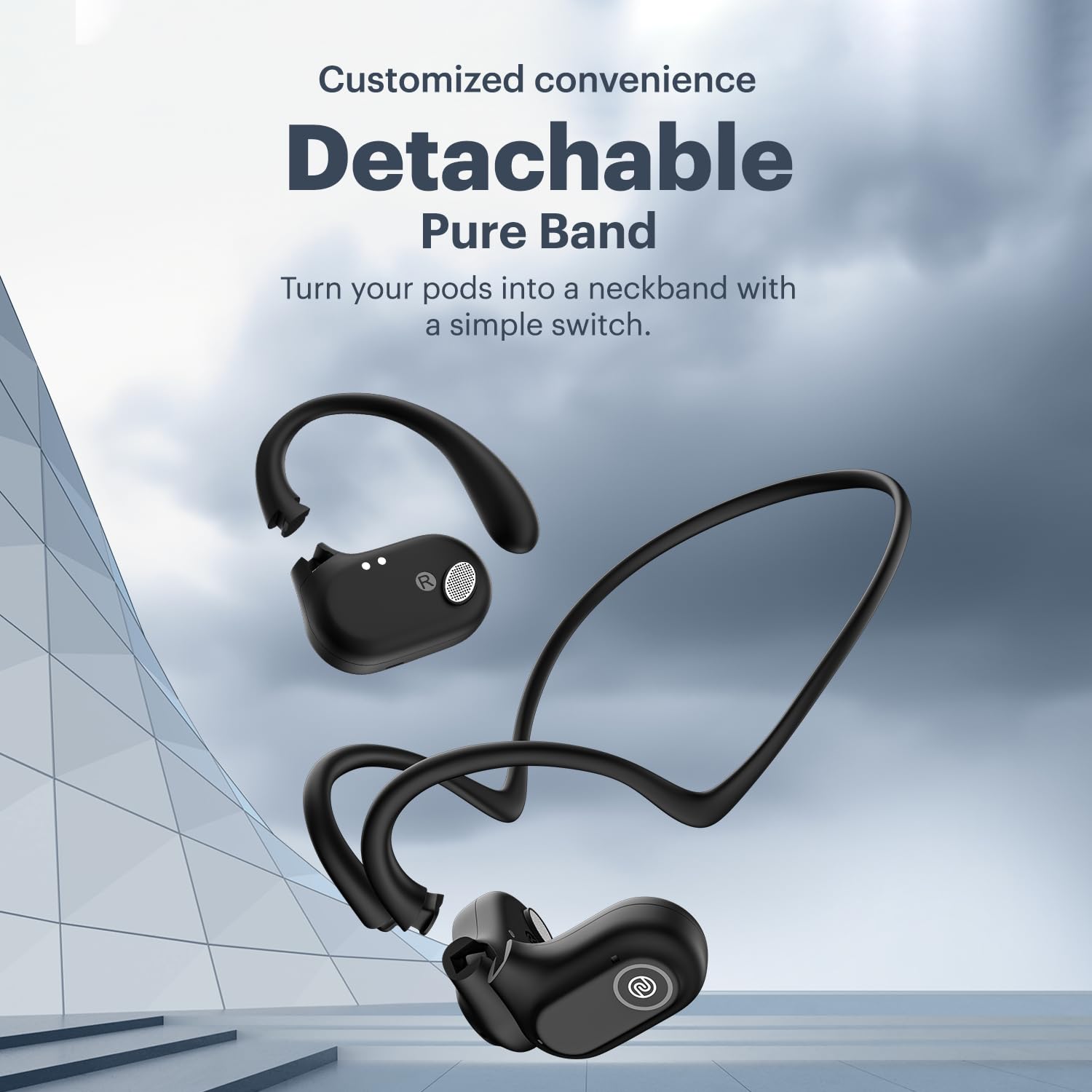 Noise Pure Pods Wireless Open Ear Earbuds with AirWave™ Technology,Up-to 80H Playtime,Quad Mic with ENC,16mm Neodymium Dynamic Driver,Detachable Pure Band,BTv5.3 (Power Black)
