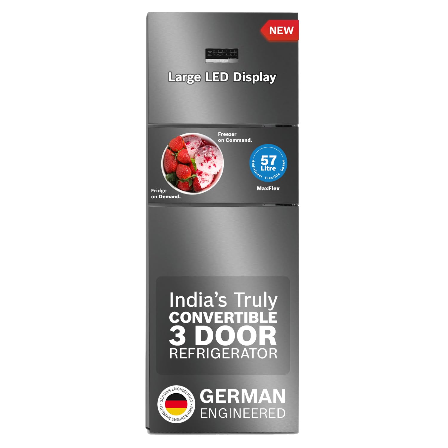 Bosch MaxFlex Convert 303L 3 Star Inverter Frost Free Triple Door Refrigerator (2023 model, CMC33S03NI, 8-in-1 Convertible, UV Protected Body Shield, VitaFresh Technology, Adaptive UI, Sparkly Steel)