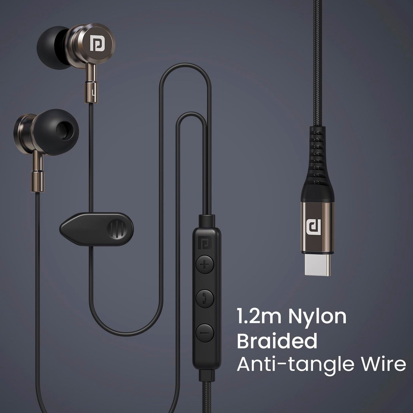 Portronics Conch Tune C in Ear Type C Wired Earphones with Mic,10mm Driver, 1.2m Nylon Braided Anti Tangle Wire, in line Controls, Metal Alloy Body, Wide Compatibility(Grey)