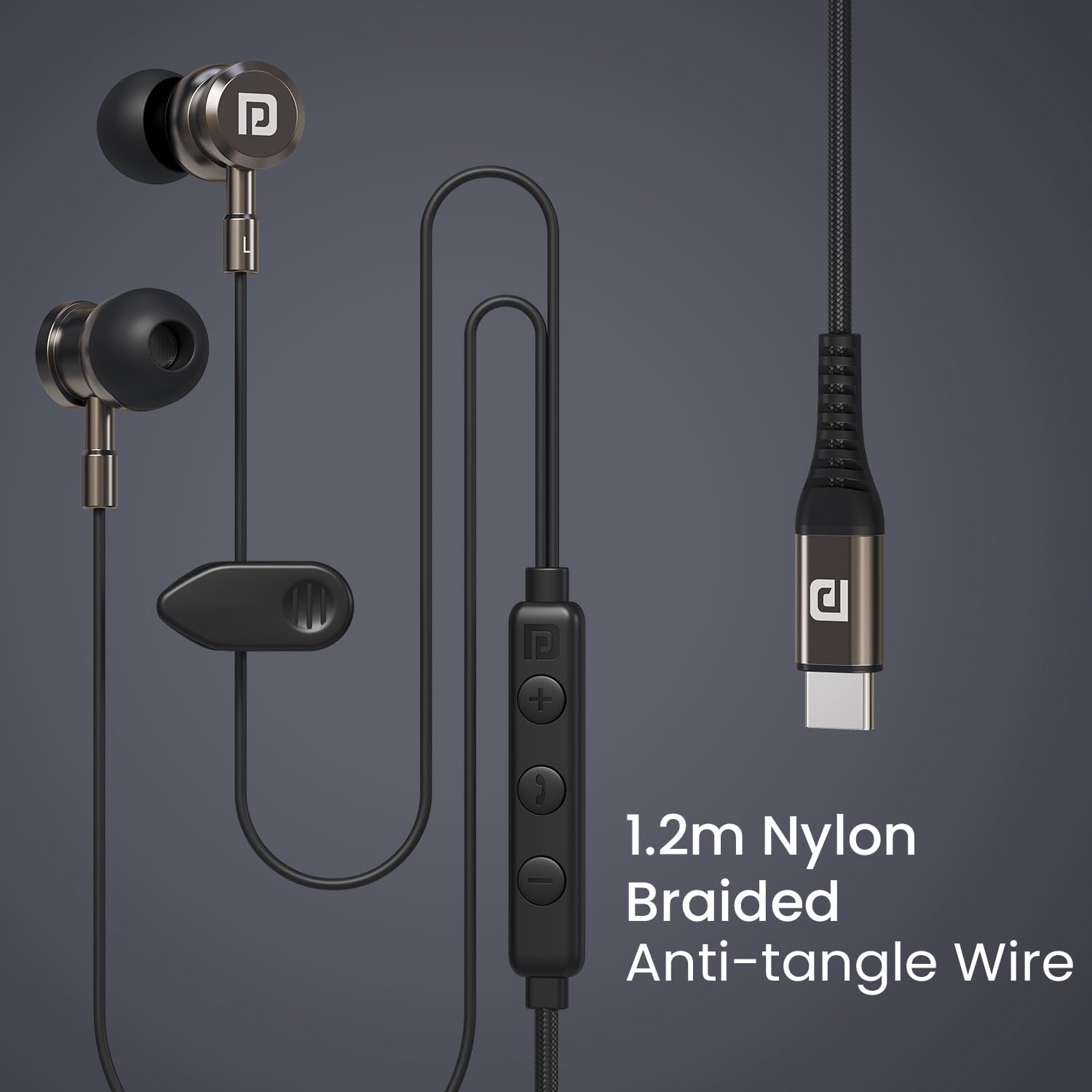 Portronics Conch Tune C in Ear Type C Wired Earphones with Mic,10mm Driver, 1.2m Nylon Braided Anti Tangle Wire, in line Controls, Metal Alloy Body, Wide Compatibility(Grey)