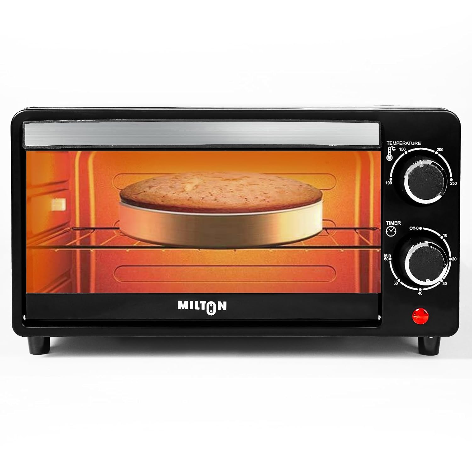 Milton 10L OTG Oven Toaster Griller for Kitchen | 800W | Royal Black Finish | Auto Shut-Off | 250°C Thermostat | Timer, Bell & Tempered Glass | Easy to Clean | Includes Grill Rack & Baking Tray