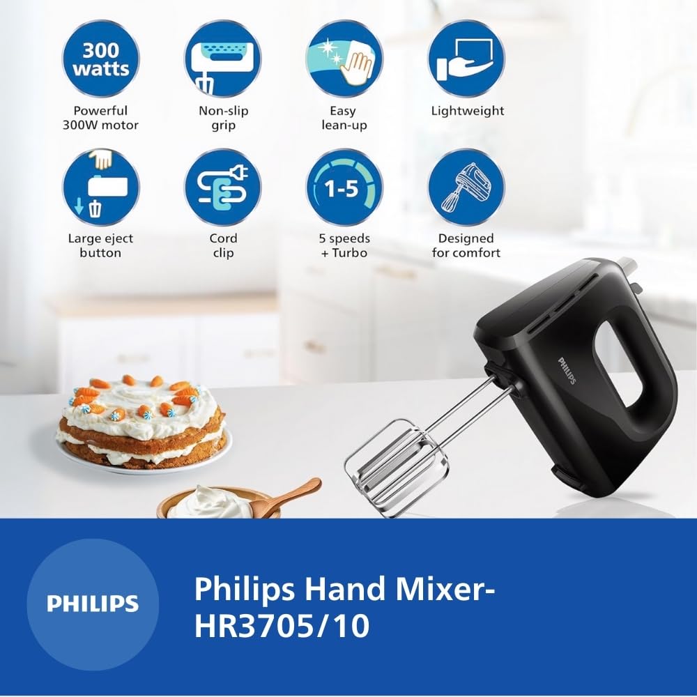 Philips HR3705/10 300 Watt Lightweight Hand Mixer, Blender with 5 speed control settings, stainless steel accessories and 2 years warranty(black color)