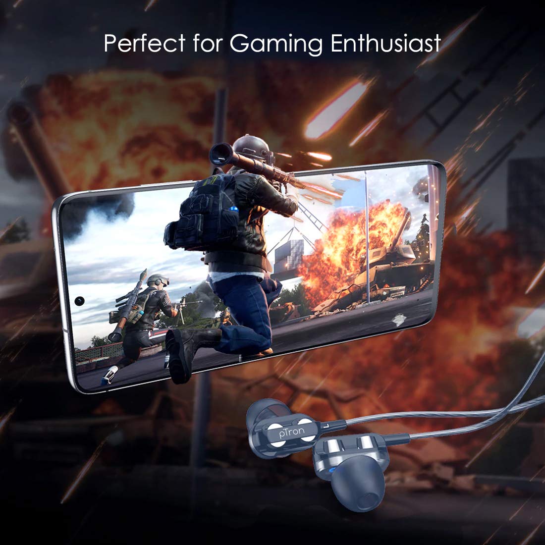 pTron Boom Ultima 4D Dual Driver, in Ear Gaming Wired Headphones with in-Line Mic, Volume Control & Passive Noise Cancelling Boom 3 Earphones - (Dark Blue)