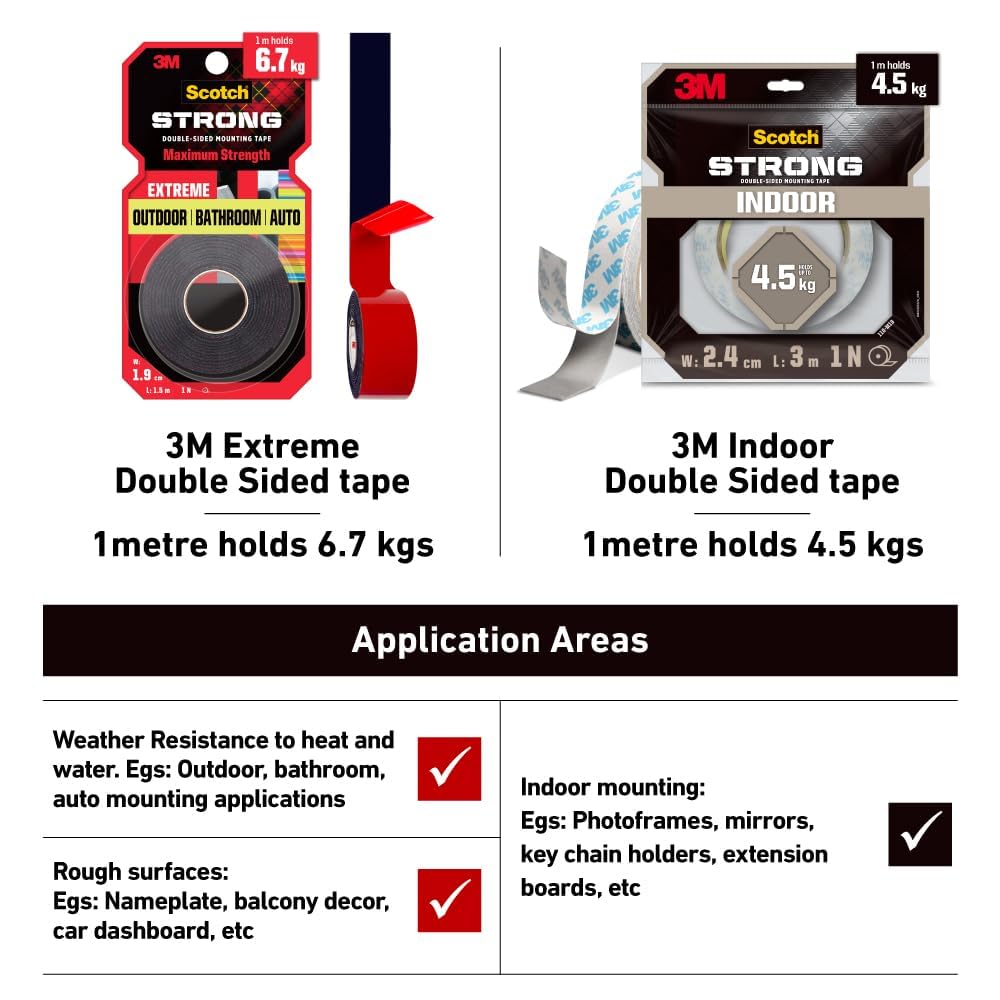 Scotch 3M Extreme Double Sided Tape, 1M Holds 6.7Kg, Works On Uneven Surfaces, Weather Resistant, Works On Indoor, Outdoor, Auto Interior Surfaces, 1.9 cm, 1.9 cm