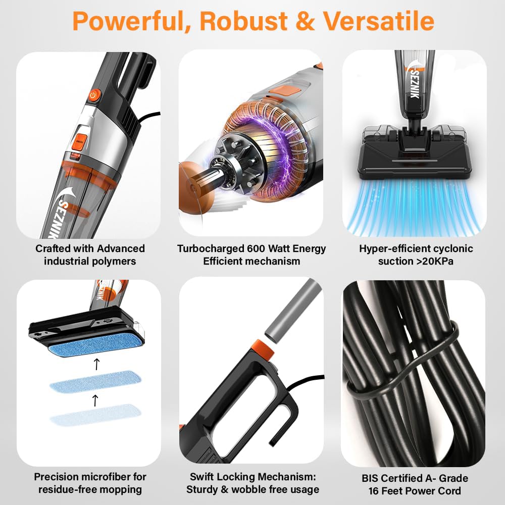 SEZNIK Vacuum Cleaner for Home Use Wet and Dry | Turbo Sweep 3-in-1 Handheld Vacuum Cleaners | Corded, 600W, 20kpa Suction | 200ml Water Tank | Vacuum & Mopping (SZ-V07)