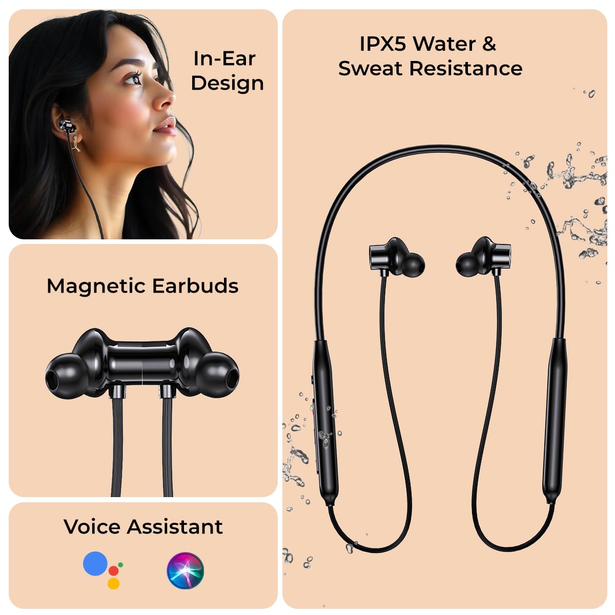 pTron Tangent Rush w/ 50Hrs Playtime, Pristine Sound, Dual-Device Pairing, Bluetooth 5.4 Wireless in-Ear Earphones with Mic, Voice Assistant, Type-C Fast Charging & IPX5 Water Resistant (Black)