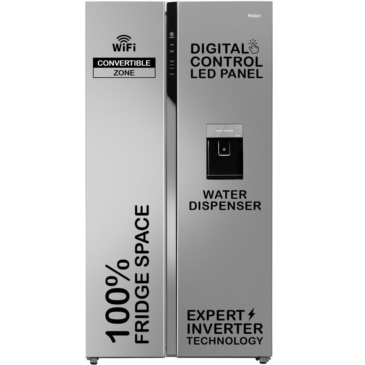 Haier 596L 2-Door Water Dispenser Side by Side Frost Free Refrigerator|Convertible|Smart Sense AI | Expert Inverter|Digital Display Panel | Deo Fresh Technology (HRS-682SWDU1, Shiny Silver)
