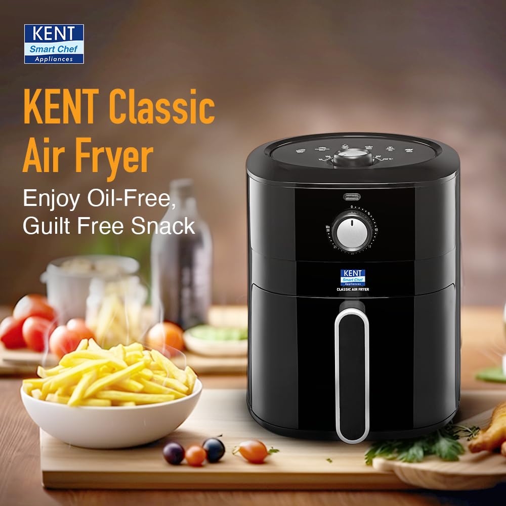 KENT 16096 Classic Hot Air Fryer 4L 1300 W | 80% Less Oil | Instant Electric Air Fryer | Auto Cut Off | Fry, Grill, Roast, Steam, and Bake | 1 Year Warranty | Black
