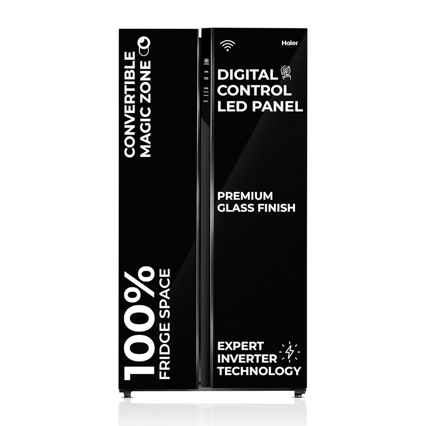 Haier 602L 3Star 2 Door Premium Glass Door Side by Side Frost Free Refrigerator|Convertible|Smart Sense AI|Expert Inverter|Digital Display Panel|Deo Fresh Technology (HRS-682KGU1, Black Glass)