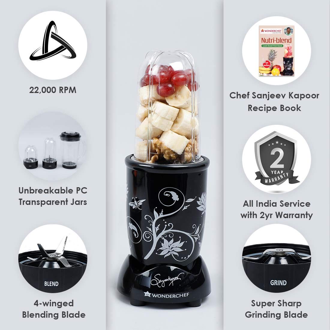 Wonderchef Nutri-blend Juicer, Mixer, Grinder, Blender & Smoothie Maker|500W 22000 RPM 100% Full Copper Motor | Stainless steel Blades | 3 unbreakable jars | Recipe book by Chef Sanjeev Kapoor | Black
