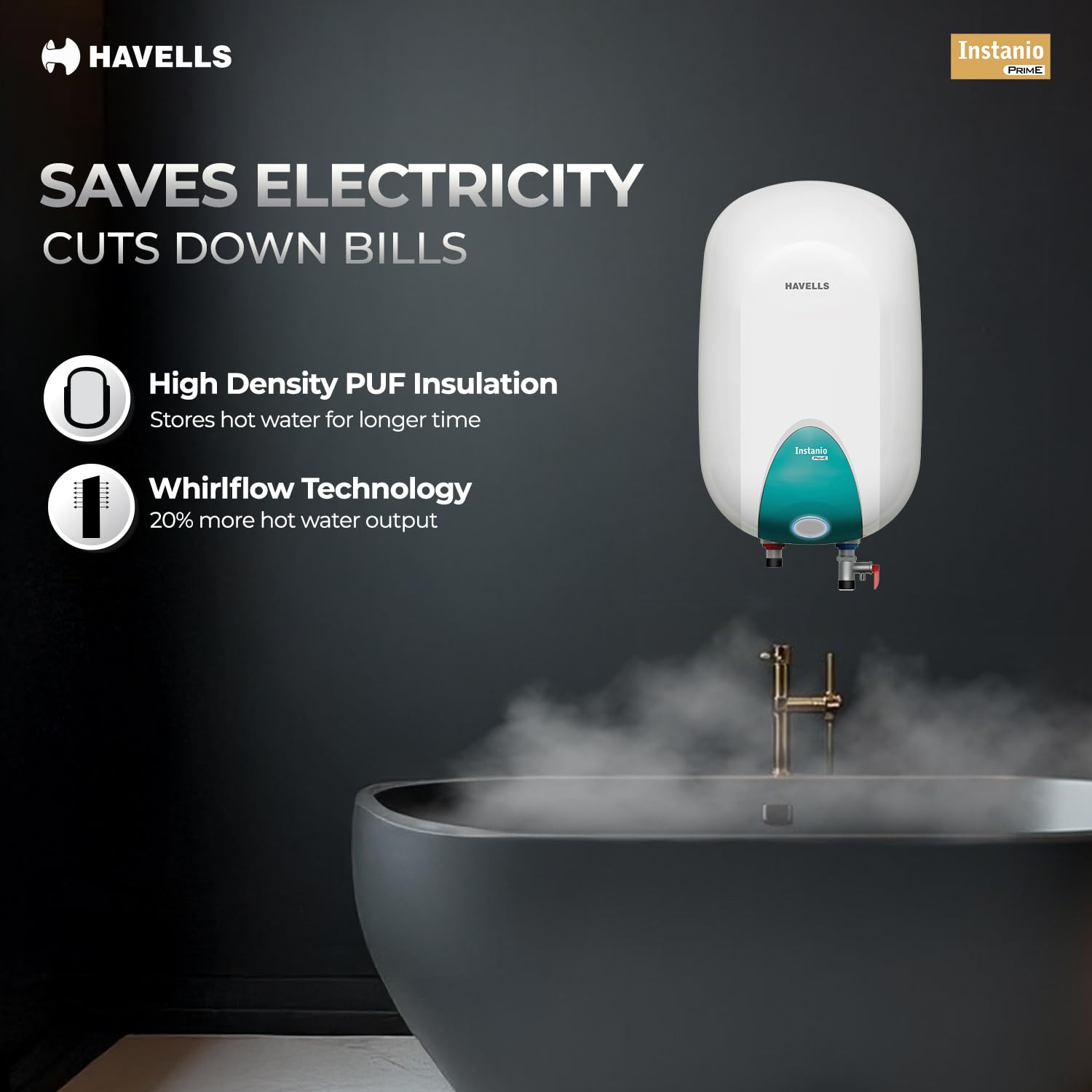Havells Instanio Prime 15L Storage Water Heater(Geyser)|Faster Heating|Safer to use|Saves electricity|Engineered for Hard Water|Color Changing LED Indicator|Anti Rust Tank|Mcoloy Heating Element