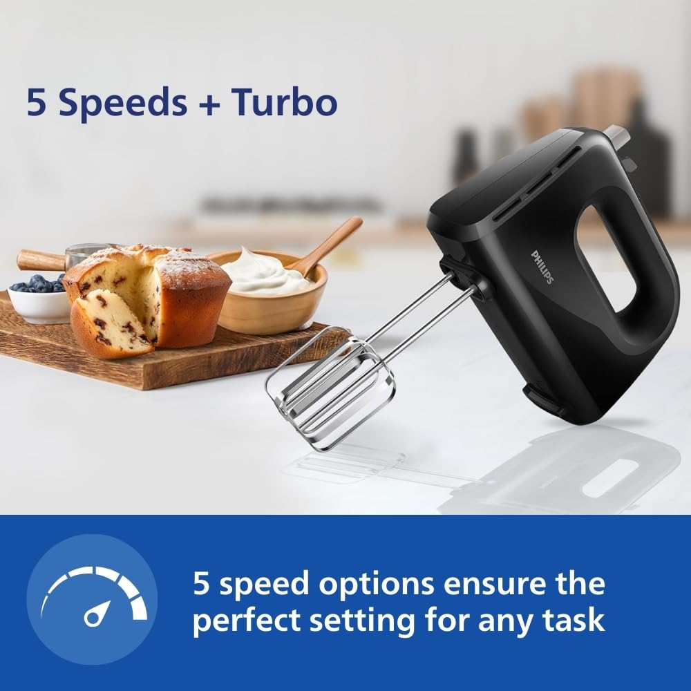 Philips HR3705/10 300 Watt Lightweight Hand Mixer, Blender with 5 speed control settings, stainless steel accessories and 2 years warranty(black color)