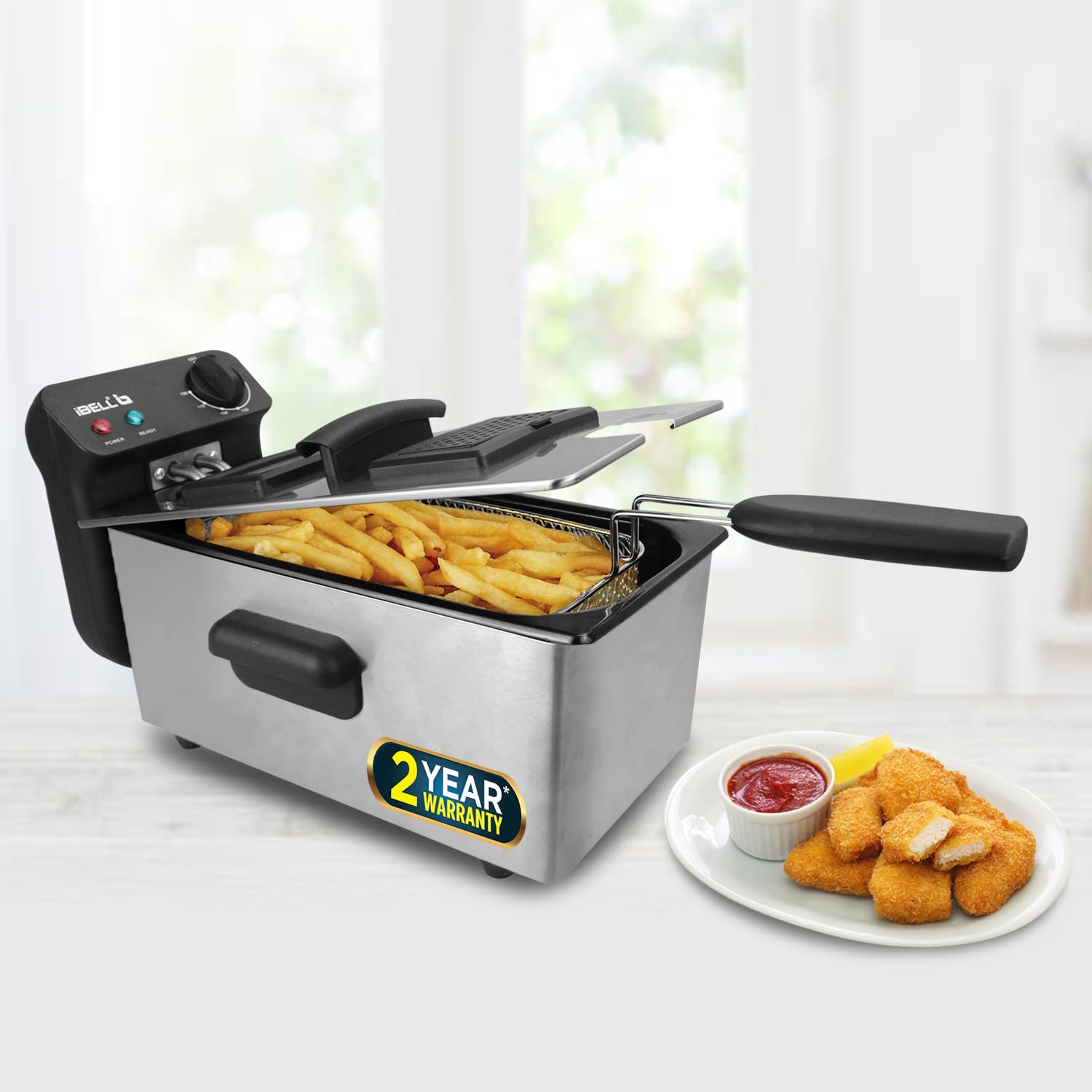 iBELL DF310M Electric Deep Fryer 3 Litre Stainless Steel 2000W with Variable Temperature Control Lid (Silver)