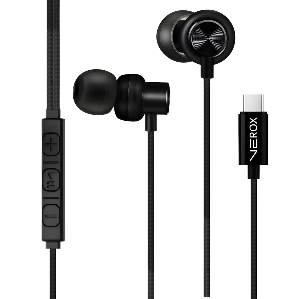 VEROX Nylon Braided Type C Wired Earphone with Inline Control Mic and Volume Control Anti Tangle Wire Compatible with Type-C Devices- Black