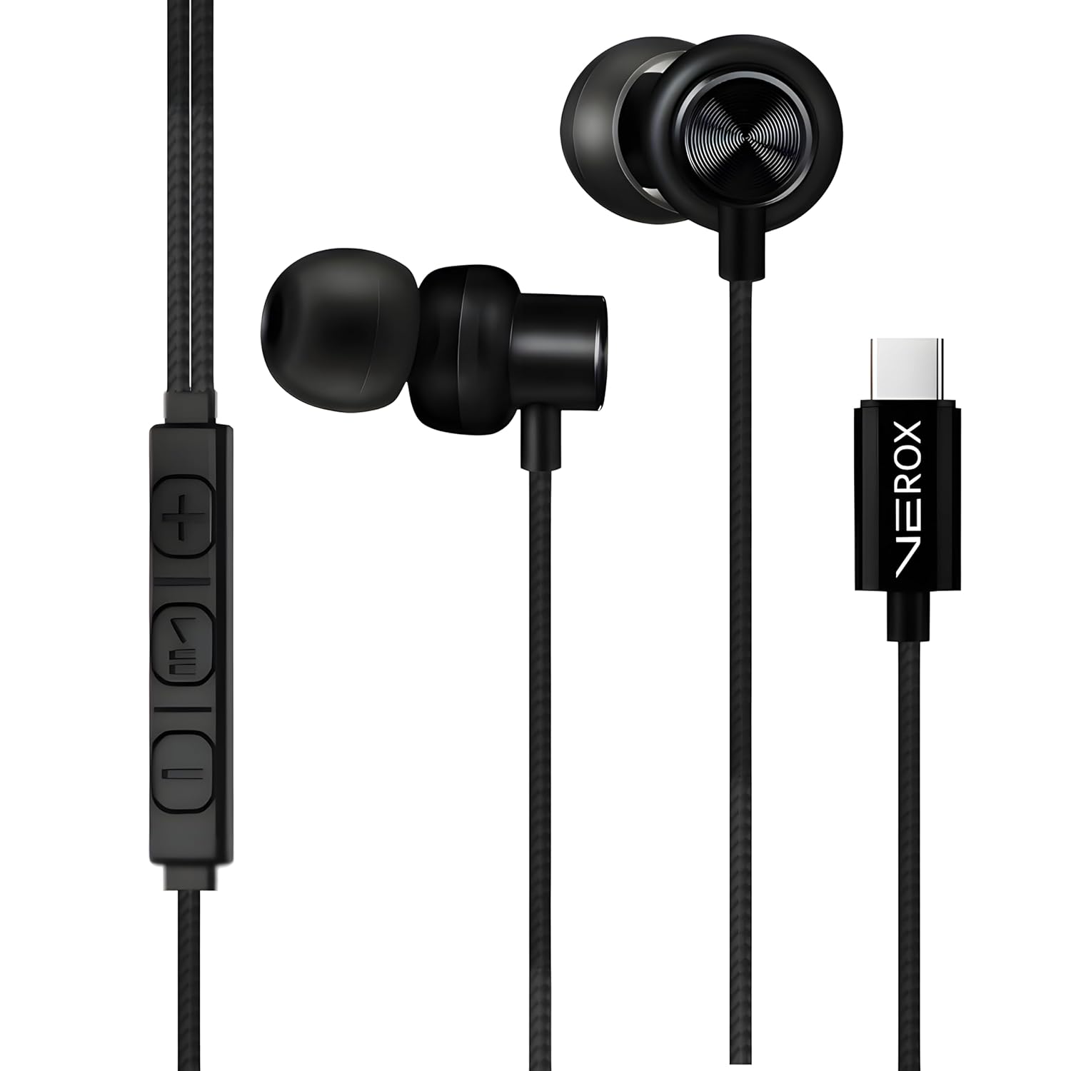 VEROX Nylon Braided Type C Wired Earphone with Inline Control Mic and Volume Control Anti Tangle Wire Compatible with Type-C Devices- Black