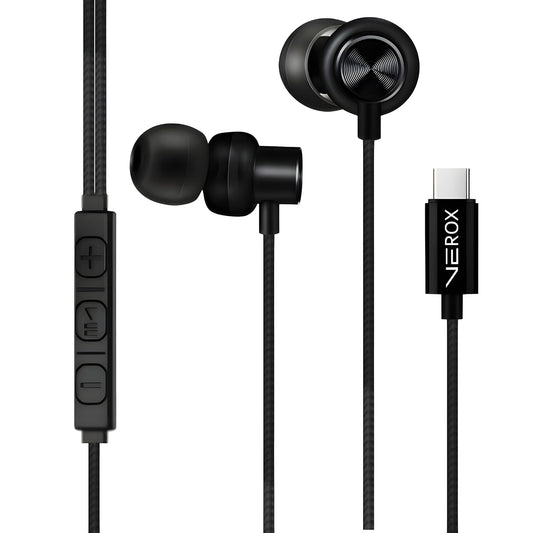 VEROX Nylon Braided Type C Wired Earphone with Inline Control Mic and Volume Control Anti Tangle Wire Compatible with Type-C Devices- Black