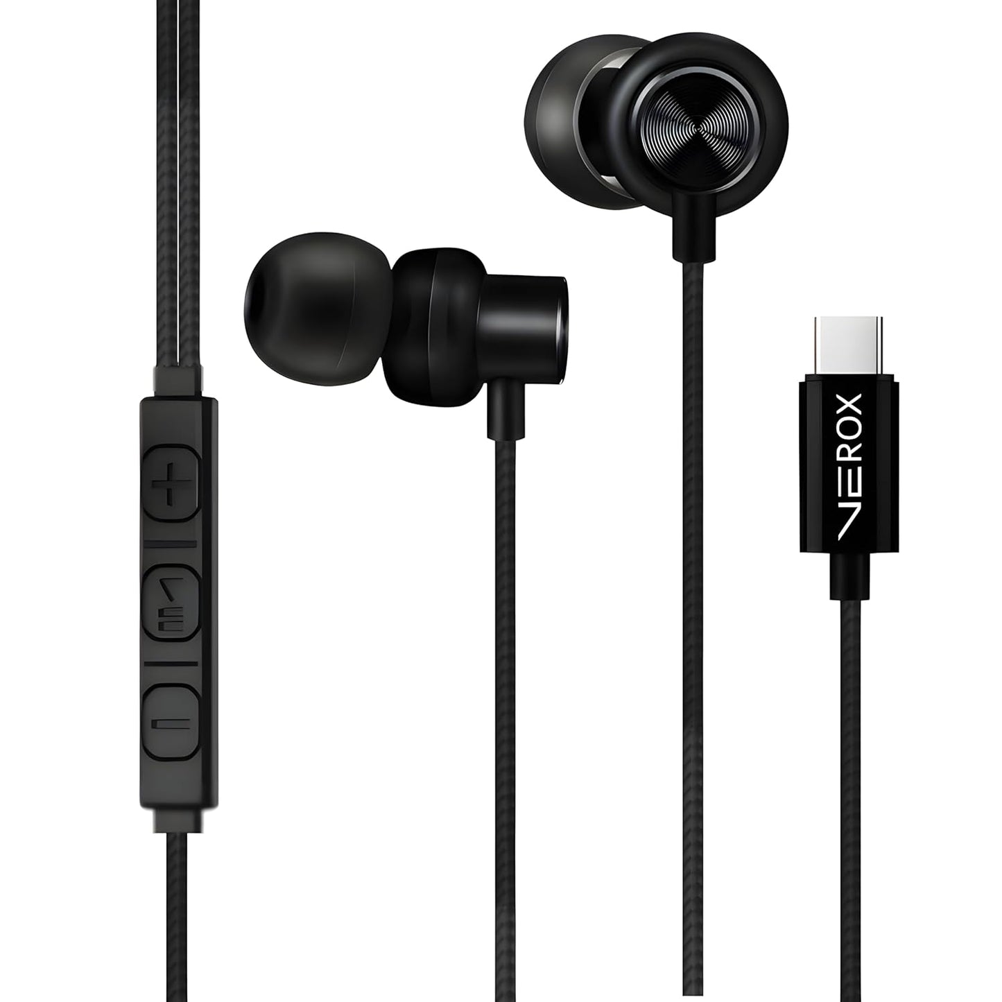 VEROX Nylon Braided Type C Wired Earphone with Inline Control Mic and Volume Control Anti Tangle Wire Compatible with Type-C Devices- Black