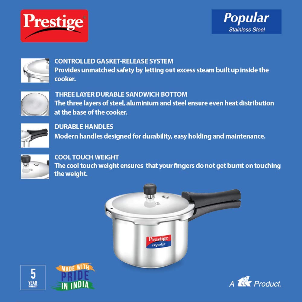Prestige Popular Stainless Steel Outer Lid Pressure Cooker, 3 Litres, Silver