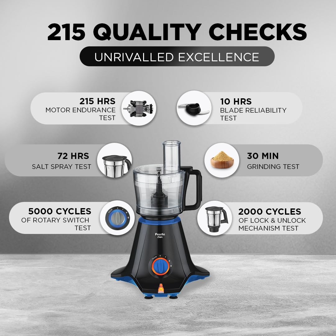 Preethi Zion Mixer Grinder for Kitchen - 4 Jars 750 Watt Mixie (3 Stainless steel Jars+1 Master Chef Plus Food processor Jar), Flexi lids, Vega W5 motor, Black (MG-227)