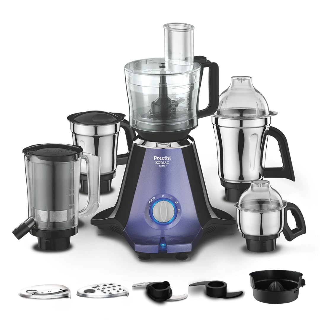 Preethi Zion Mixer Grinder for Kitchen - 4 Jars 750 Watt Mixie (3 Stainless steel Jars+1 Master Chef Plus Food processor Jar), Flexi lids, Vega W5 motor, Black (MG-227)