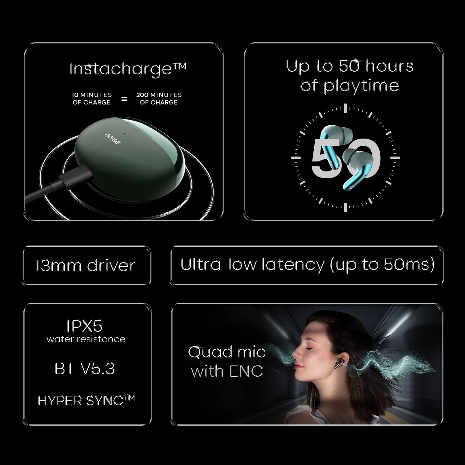Noise Buds Verve 2 in-Ear Truly Wireless Earbuds with Chrome Finish, 50H of Playtime, Quad Mic with ENC, 13mm Driver, Instacharge(10 min=200 min), BT v5.3(Carbon Black)
