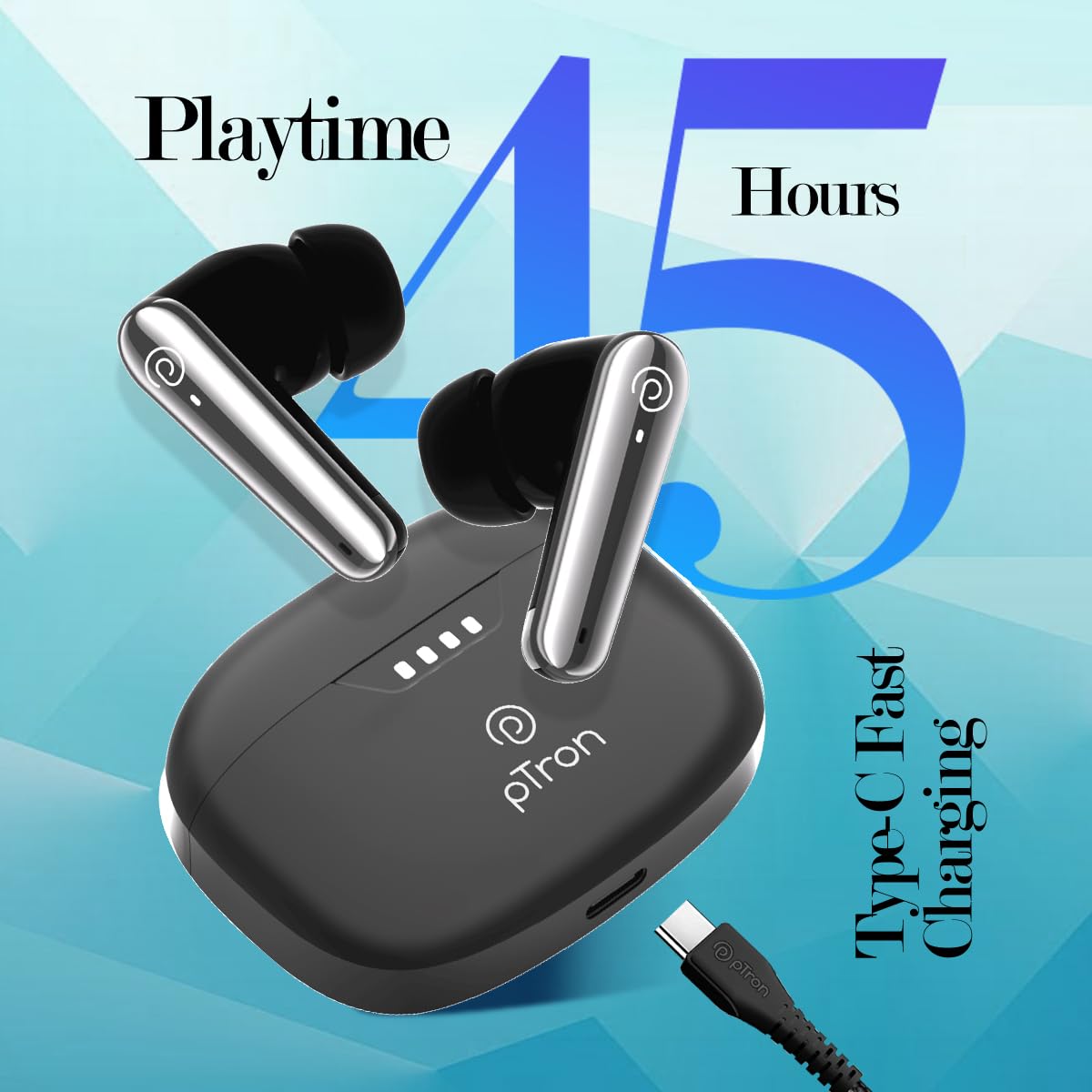 pTron Newly Launched Bassbuds Prism TWS Earbuds with 3D AudioScape, 45Hrs Playtime, TruTalk AI-ENC Calls, 50ms Low Latency Sync, BT5.3, Type-C Fast Charging, Voice Asst. & IPX5 Water Resistant (Black)