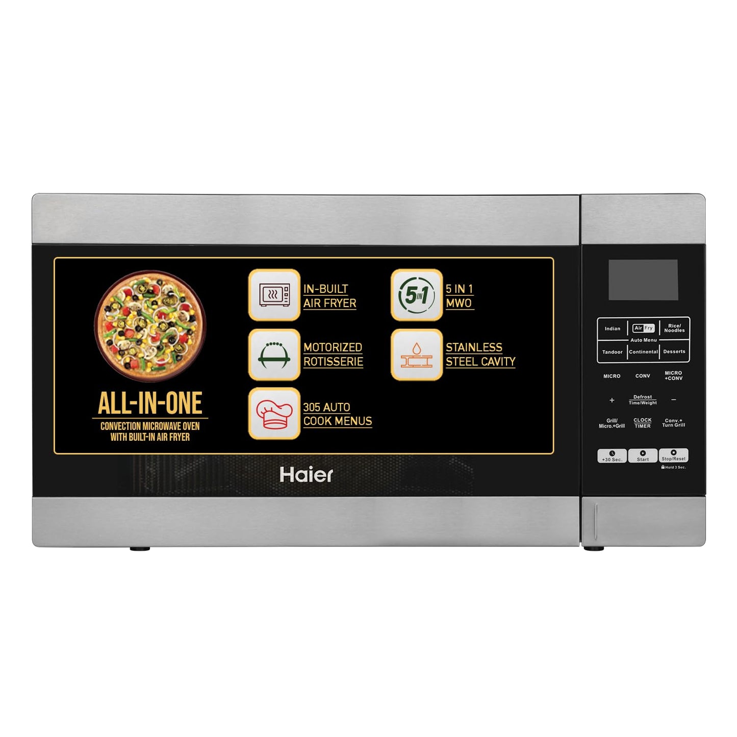Haier 30L Convection Microwave Oven (HIL3001ARSB, Black) with In-Built Air Fryer | Motorized Rotisserie | Stainless-steel Cavity | 5 In 1 Microwave oven