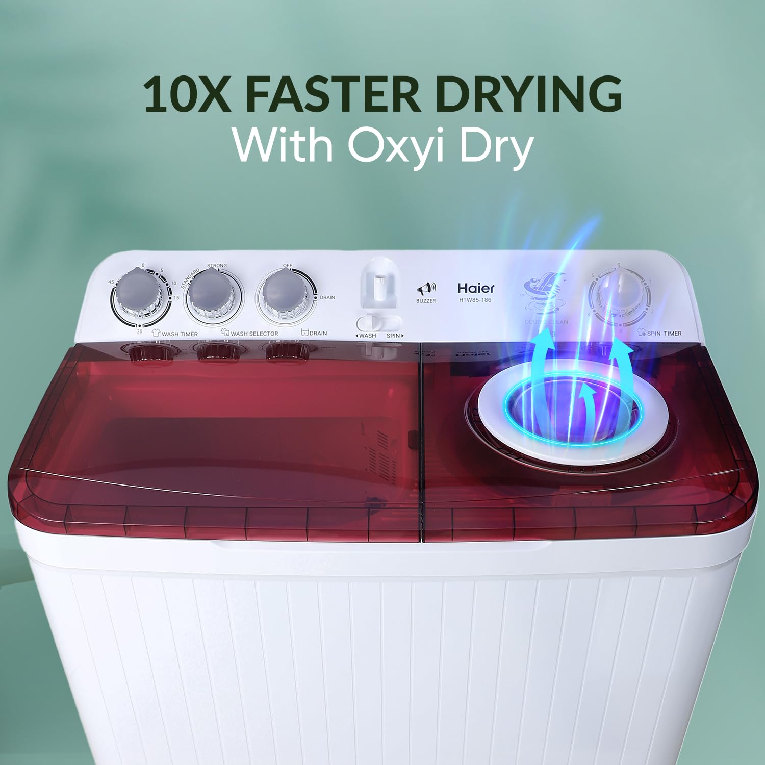 Haier 8.5 Kg 5 Star Oxyi Dry Technology Semi Automatic Top Loading Washing Machine (HTW85-186, Anti Bacterial Vortex Pulsator, Magic Filter, Rat Mesh, Maroon, White)