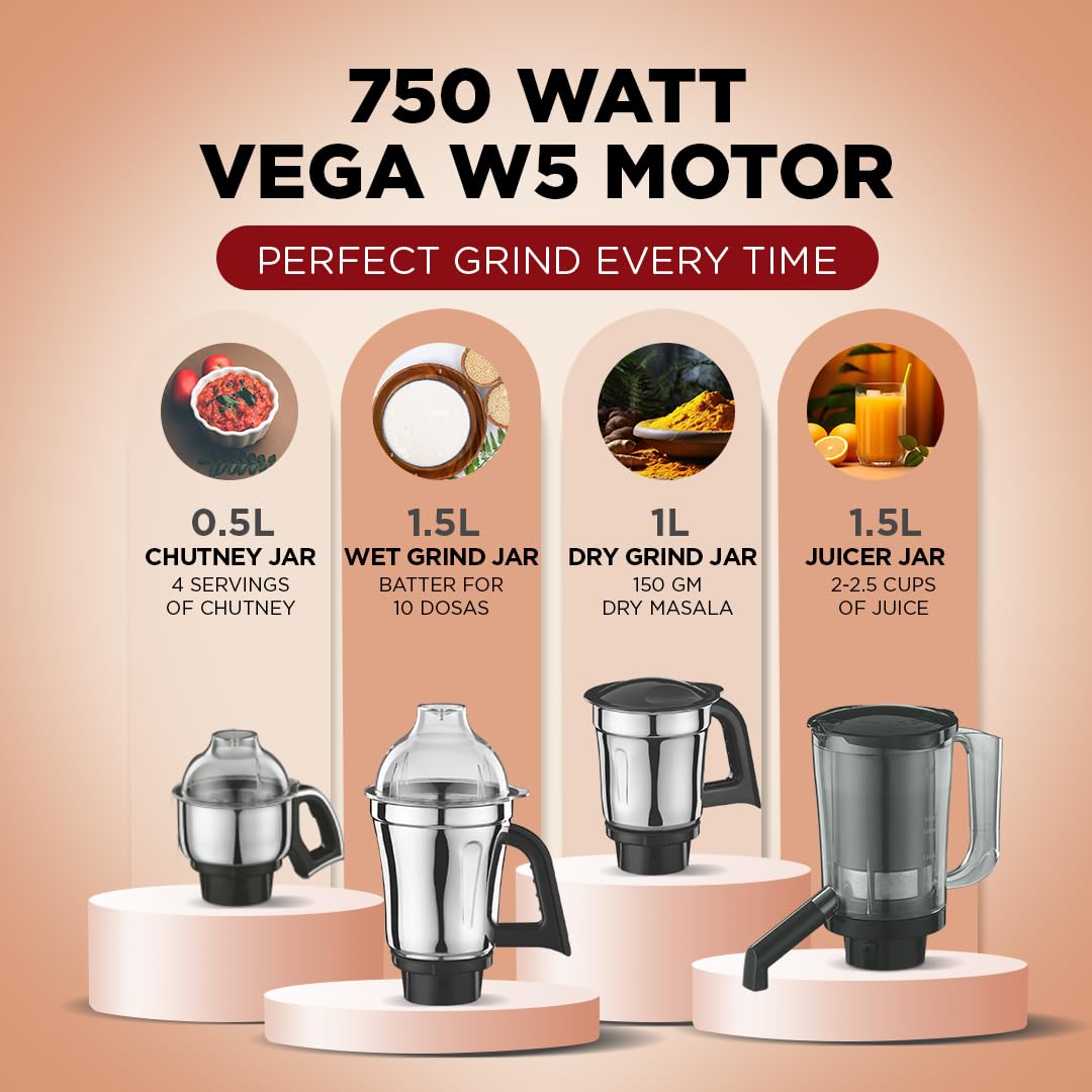 Preethi Zodiac MG-218 mixer grinder, 750 watt, Black/Light Grey, 5 jars - 3 In 1 insta fresh juicer Jar & Master chef food processor Jar, Vega W5 motor with 5yr Warranty & Lifelong Free Service