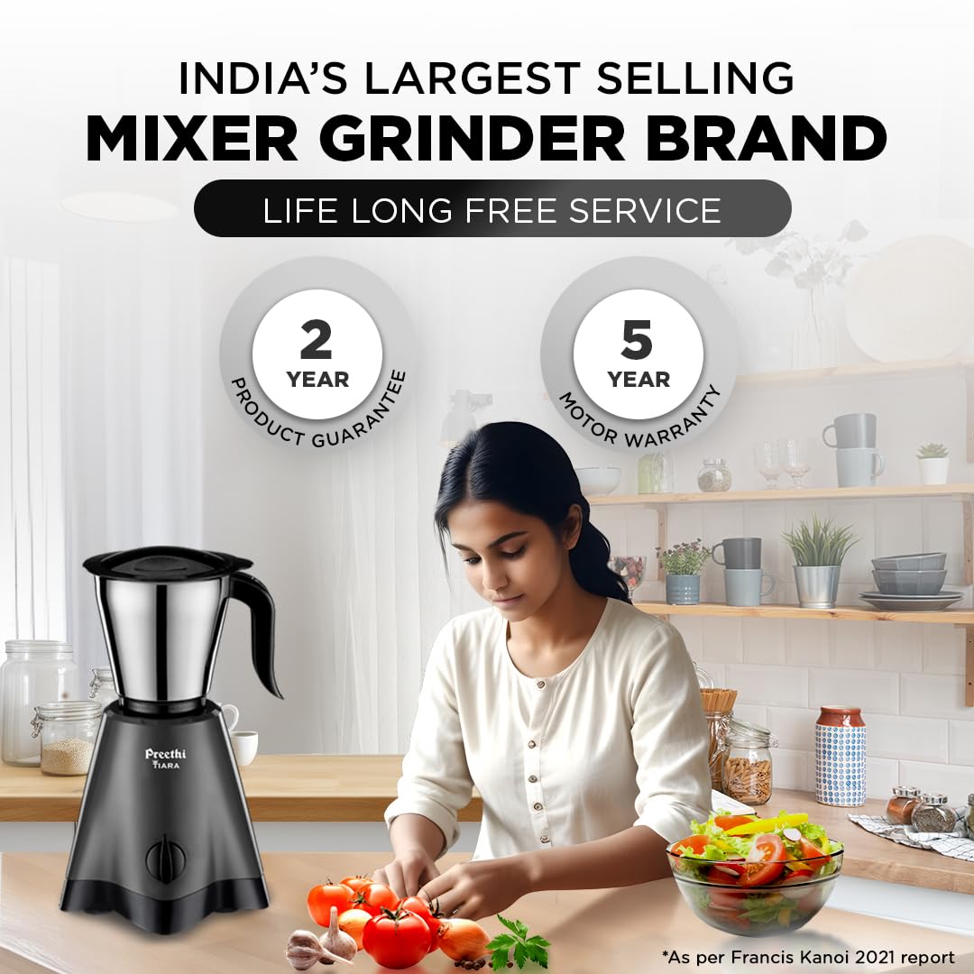 Preethi Tiara Mixer Grinder for Kitchen | 500 Watt Mixie | 3 Stainless Steel Jars (0.3L, 0.7L and 1.2L) | Grey & Black