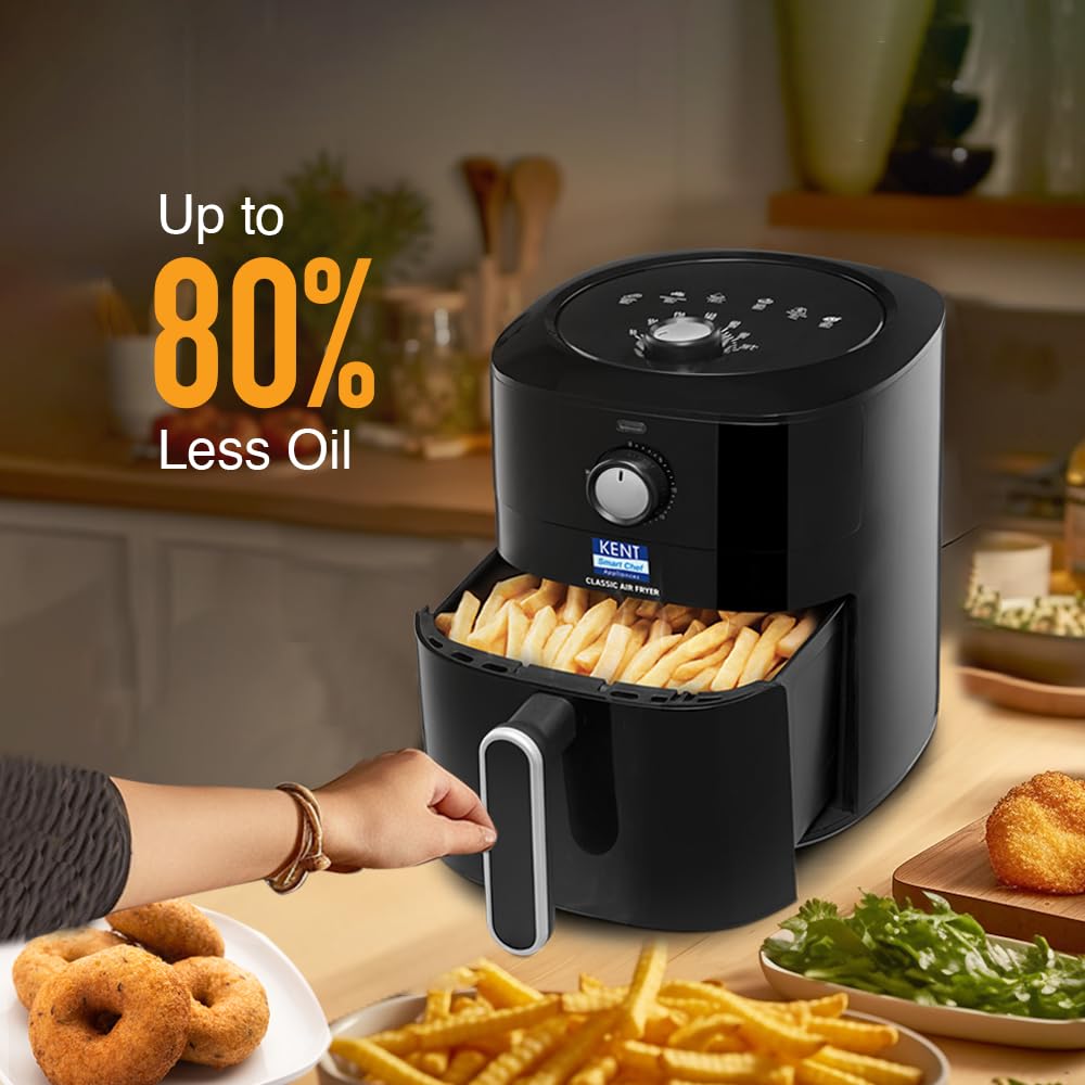 KENT 16096 Classic Hot Air Fryer 4L 1300 W | 80% Less Oil | Instant Electric Air Fryer | Auto Cut Off | Fry, Grill, Roast, Steam, and Bake | 1 Year Warranty | Black